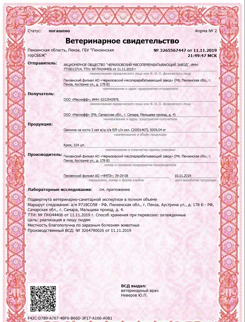 Ветеринарное свидетельство Сертификат мяснофф-самара